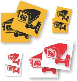 Lot de 8 Autocollants Caméra de Surveillance - 4 sur Fond Jaune et 4 sur Fond Transparent - 9,8 cm et 5 cm - Usage
